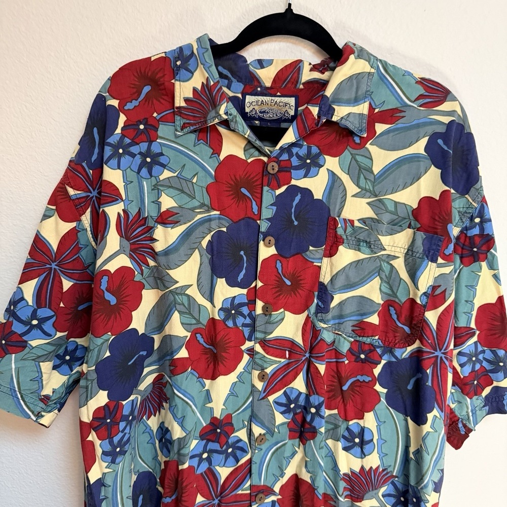 Vintage OP Ocean Pacific Hawaiian Button Up Shirt Men Large Red Blue Floral Sun